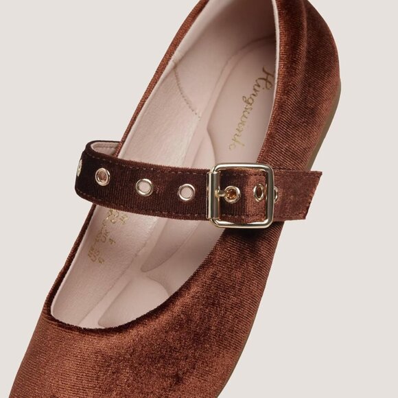 Women Velvet Coffee Polyurethane (PU) Closed Toe Strap Buckle Ballerina Flats - Picture 4 of 8